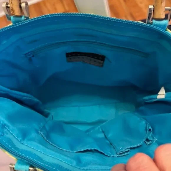 BRACIANO | Vintage Green & Blue Small Tote Purse Bag w/Round Mirror inserts - Picture 5 of 11